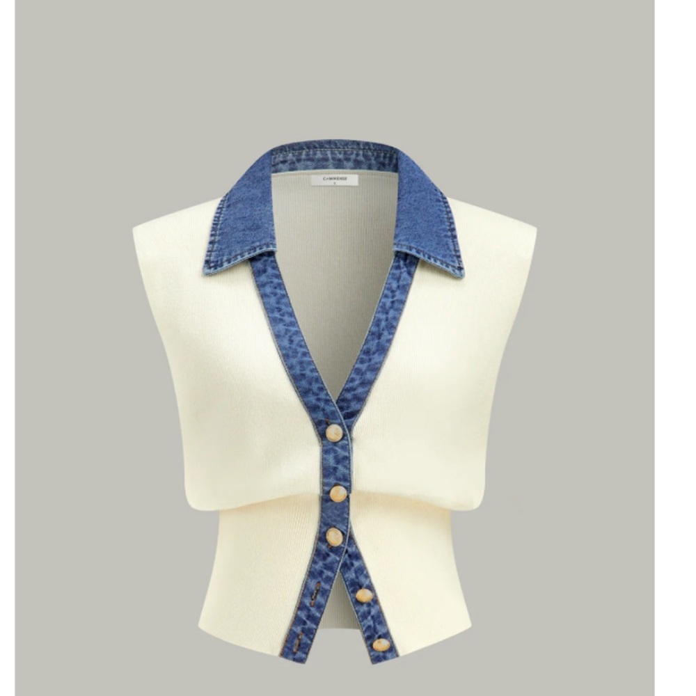 Denim Trim Metal Button Knit Vest - Off-White / L
